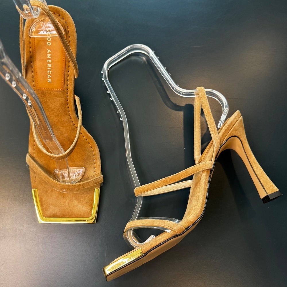 Good American Women 10 Cinder Tan Suede Strappy Heeled Sandal Gold Toe Slingback